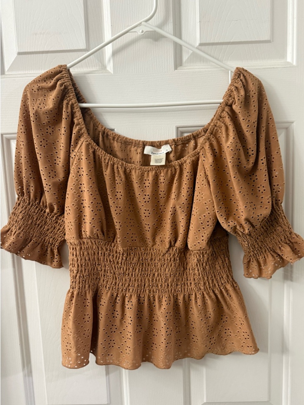 URBAN Romantics Camel Smocked Eyelet Off-Shoulder Blouse